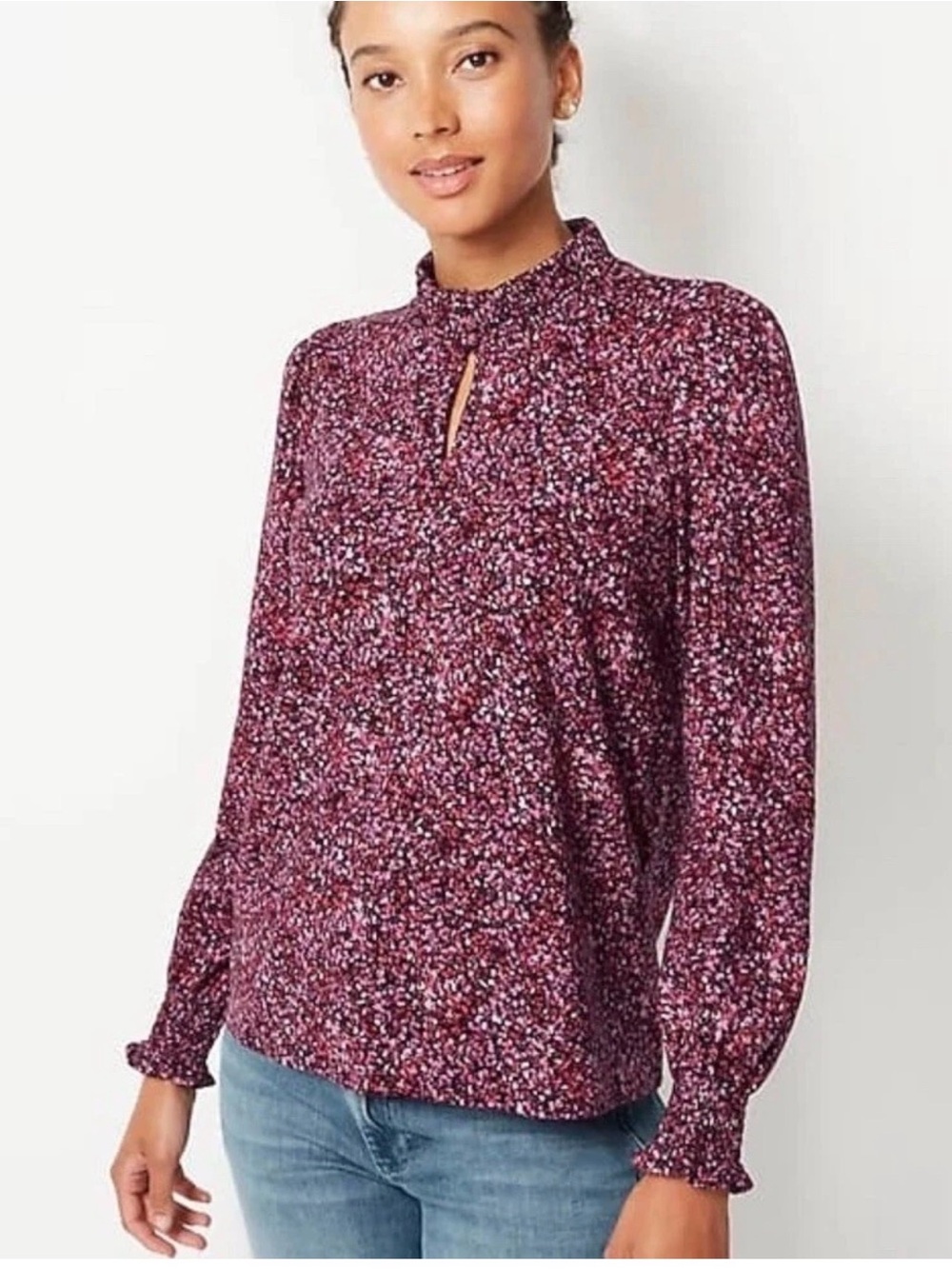 J. JILL Smocked Mock Neck Blouse Floral Purple Pink Size XL